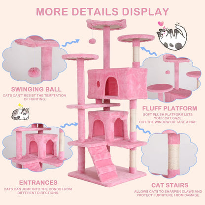 54'' Tall Cat Tree for Indoor Cats, Multi-Level Furniture with 3 Scratching Post, Stand Platform and 2 Condo, Tower Funny Toys, Corner Towers Large Pink