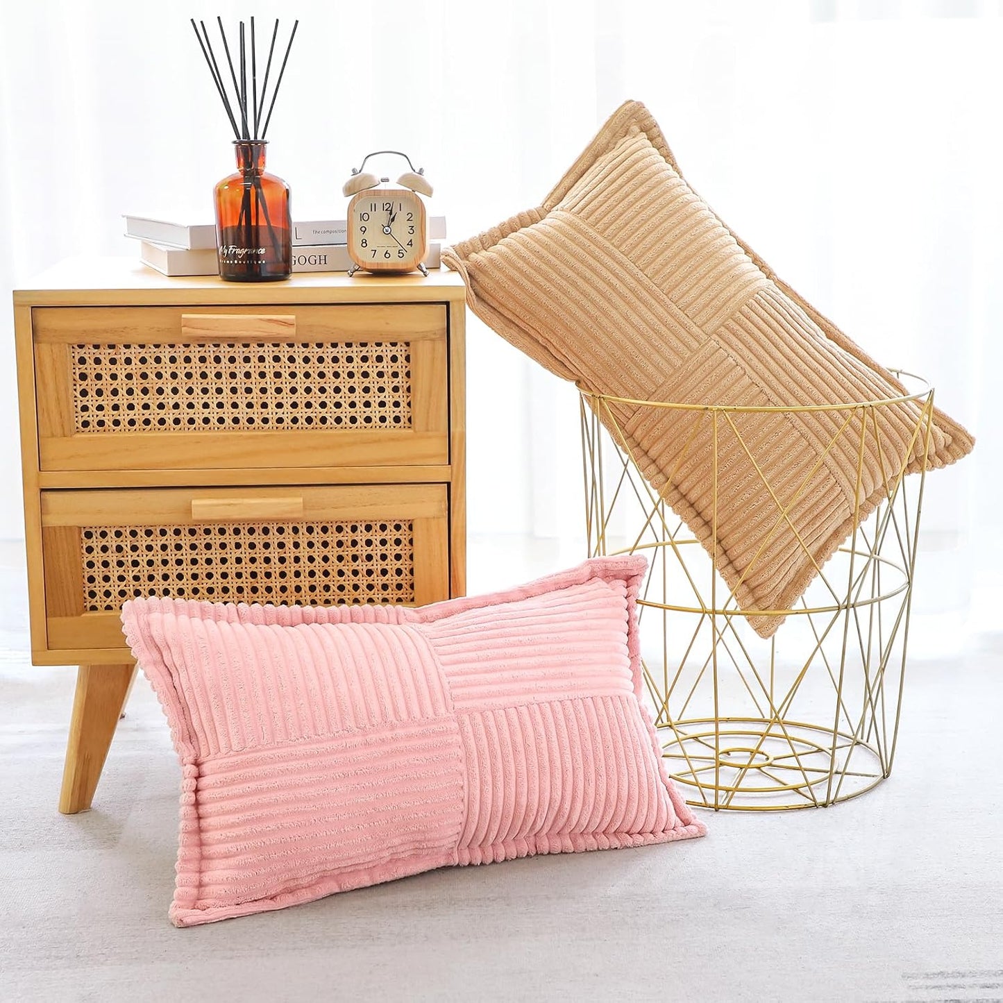 OTOSTAR Striped Corduroy Throw Pillow Covers with Splicing Super Soft Boho Pillow Covers Broadside Decorative Textured Throw Pillows for Couch Sofa Bed Living Room 12x20 Inch, Pink