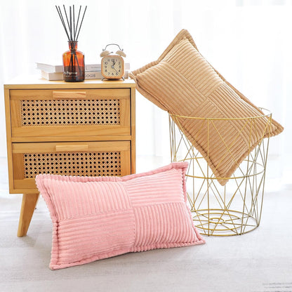 OTOSTAR Striped Corduroy Throw Pillow Covers with Splicing Super Soft Boho Pillow Covers Broadside Decorative Textured Throw Pillows for Couch Sofa Bed Living Room 12x20 Inch, Pink