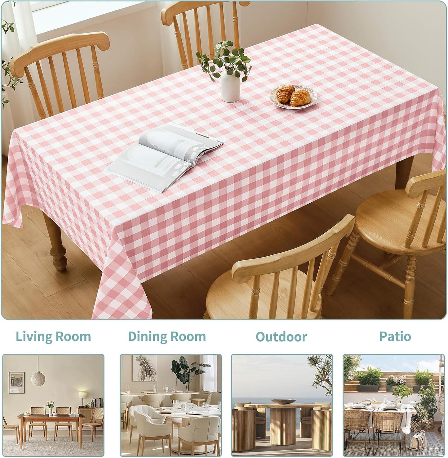 Veblandy Checkered Tablecloth Rectangle Waterproof Gingham Table Cloth Washable Buffalo Plaid Table Cover Wrinkle Free for Kitchen, Dining and Outdoor Picnic, 60 x 84 Inch, Pink and White