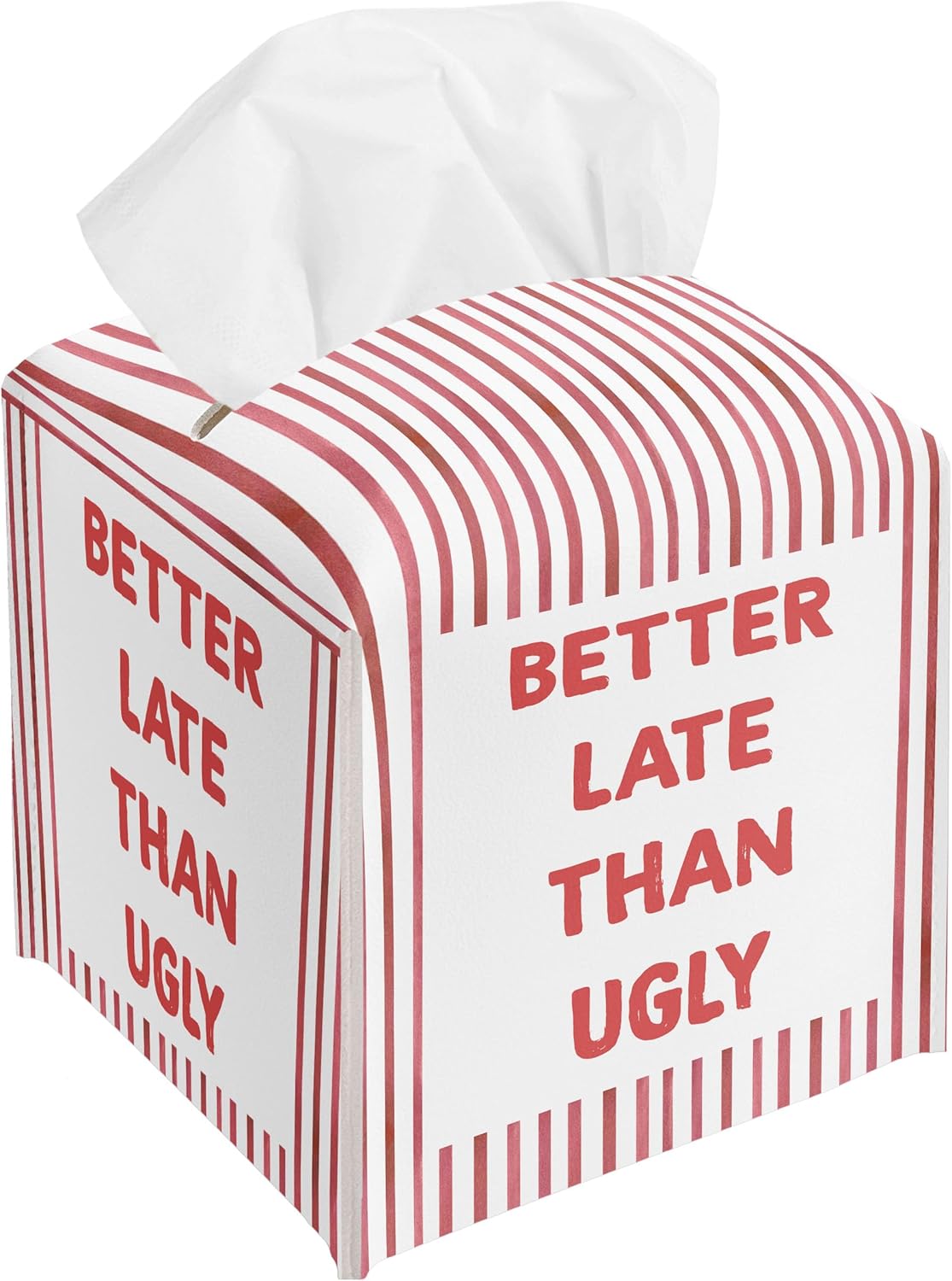Better Late Than Ugly Pink Tissue Box Cover, Pink Bathroom Decor, Square Decorative Tissue Box Holder, for College Girls Women, Leather Toilet Paper Cover for Dorm Tabletop-A36
