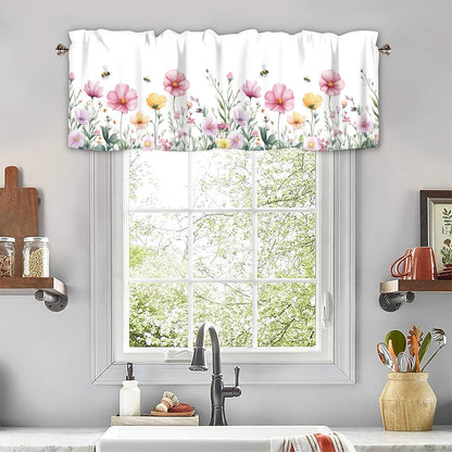 Spring Wildflowers Curtain Valance for Windows Bees Floral Pink Window Treatments 1 Panel Short Curtains for Kitchen Windows Bathroom Bedroom,42 x 12 Inch