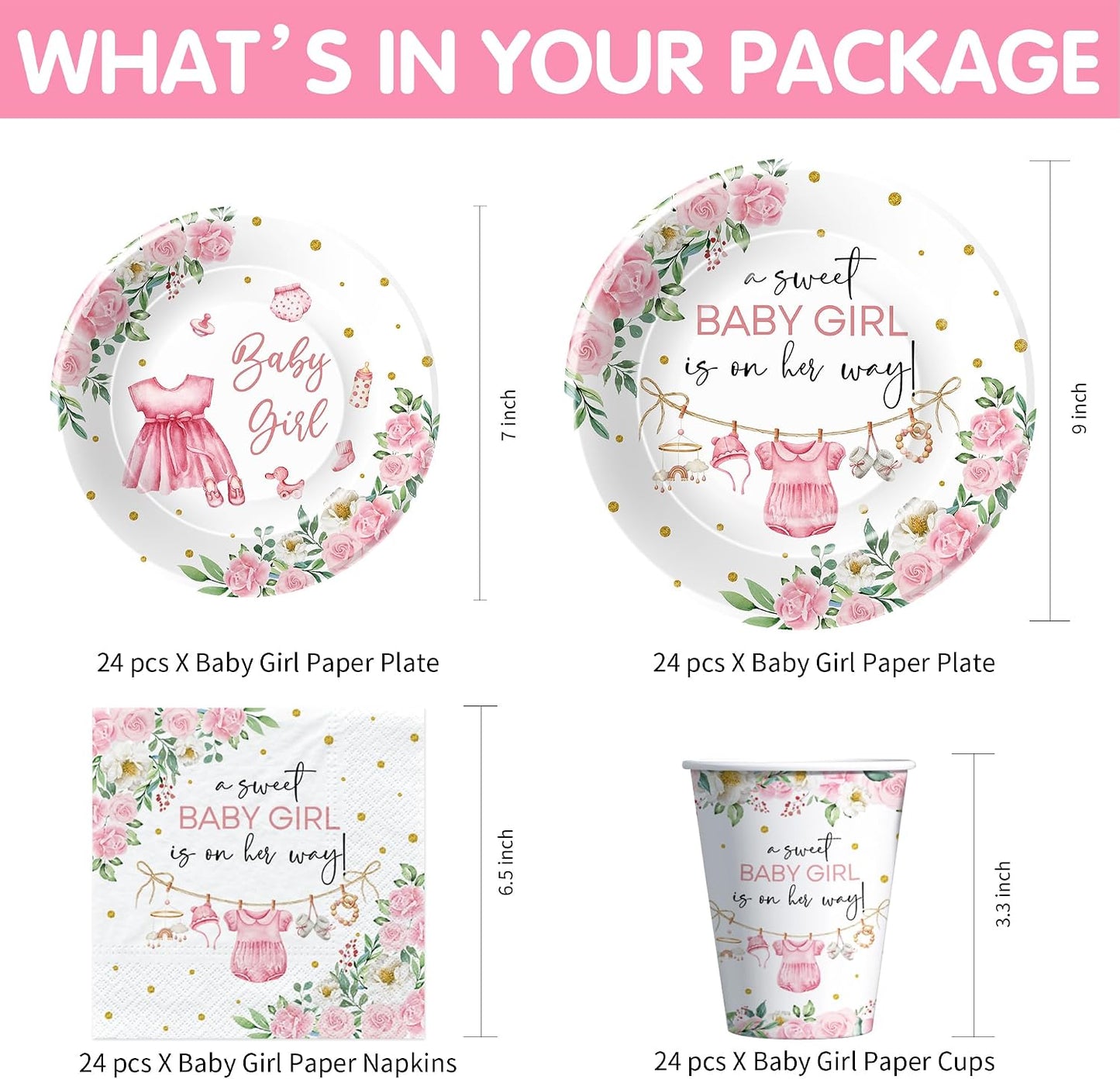 Srua Don Pink Baby Girl Baby Shower Decorations, Floral Sweet Baby Girl Party Supplies, Plate, Napkin, Cup, Tablecloth, Banner, Swirls, Cutlery, Girl Gender Reveal Table Decorations, Serves 24