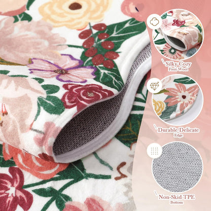 Wonnitar Washable 5x7 Rug for Living Room, Pink Camellia Floral Rugs for Bedroom Girls, Non-Slip Soft Scalloped Flower Floor Carpet for Kids Nursery Room Decor(Pink,5'x7')