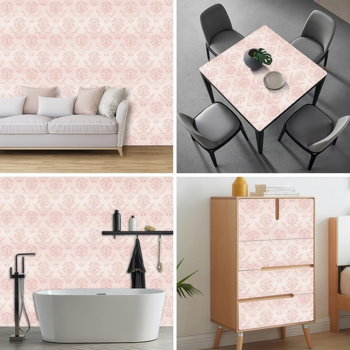HOMETITUTE Wallpaper Peel and Stick Soft Pink Classic Damask Contact Paper Wall Paper Stick 17.7" x 118.1" Self Adhesive Removable Vinyl Wall Covering Bedroom Kitchen Bathroom Home Decor
