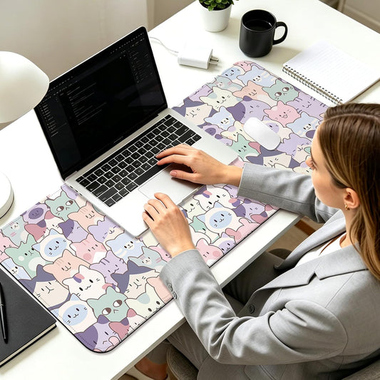 Cute Pink Cat Gaming Desk Mat, Computer Keyboard Large Extended Kawaii Pastel Cat Mouse Pad for Office and Home, 31.5×11.8 Inches, XL