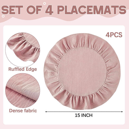 4 Pcs 15 Inch 100% Cotton Scalloped Round Placemats, Thin Pink Place Mats with Ruffle, Washable Placemats Table Mats for Kitchen Dining Holiday Gatherings Decor