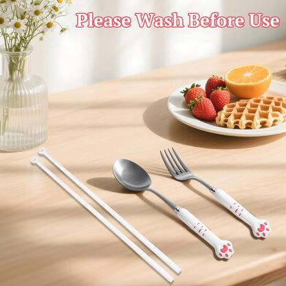 Cat Paw Chopsticks,1 Set of 3 Tableware Kits,Cat Chopsticks,Spoon,Fork,Cute Pink Paw Prints Reusable Lightweight Non-Slip Grip Eating Chopstick,Pet Themed Cat Fun Idea Gifts for Girlfriends Cat Lovers