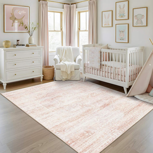 Latte&Fog 5x7 Washable Pink Rug for Girls Bedroom, Vintage Cute Soft Area Rugs for Nursery Room,Kids Room,Living Room,Dorm, Non Slip Low Pile Floral Carpets for Classroom,Playroom,Kitchen Dining Room