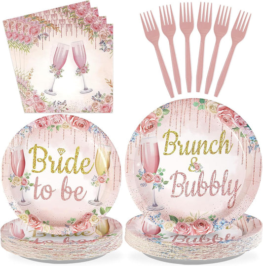 96Pcs Brunch Bubbly Bridal Shower Decorations Pink Bride to Be Plates and Napkins Sets Rose Gold Bridal Shower Decorations for Champagne Engagement Wedding Bachelorette Party Supplies Serves 24