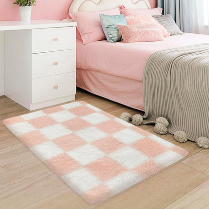 Soft Small Area Rug 2x3 for Bedroom Pink Checkered Rug Plush Shag Carpet for Kids Room Shaggy Throw Rugs Non Silp Indoor Entrance Door Mat for Living Room Dorm Nursery