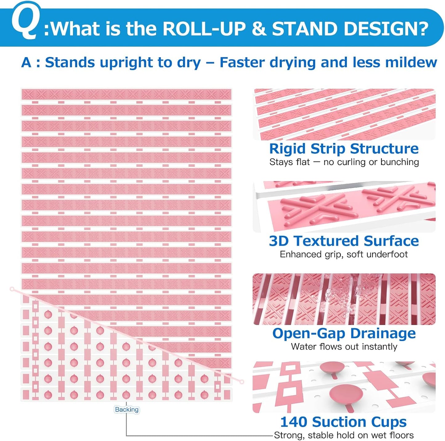Non Slip Rubber Bathtub & Shower Mat - Fast Drain & Upright Drying Design, Strong Suction Cups, Structured Textured Surface, Low-Maintenance Bathroom Safety Mat, 27 x 16 Inch, Pink, Matace