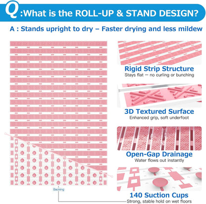 Non Slip Rubber Bathtub & Shower Mat - Fast Drain & Upright Drying Design, Strong Suction Cups, Structured Textured Surface, Low-Maintenance Bathroom Safety Mat, 27 x 16 Inch, Pink, Matace