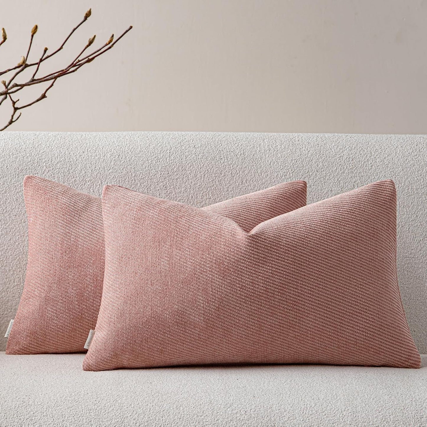 a moment Pack of 2 Decorative Chenille Throw Pillow Covers with Twill Cushion Covers for Sofa Living Room Couch Bed 12x20 Inch Blush Pink