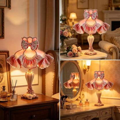 Victorian Pink Table Lamp, Princess Style Bedside Lamp with Lace Ruffle & Bow, Resin Desk Lamp for Bedroom Living Room Vanity