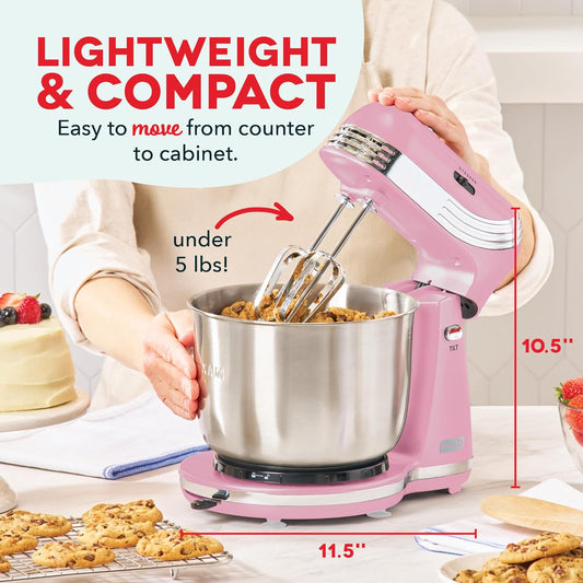 Dash Everyday Stand Mixer - Compact Tilt-Head Stand Mixer for Everyday Recipes - 6-Speed Power with Stainless Steel Bowl - Pink, 3-Quart