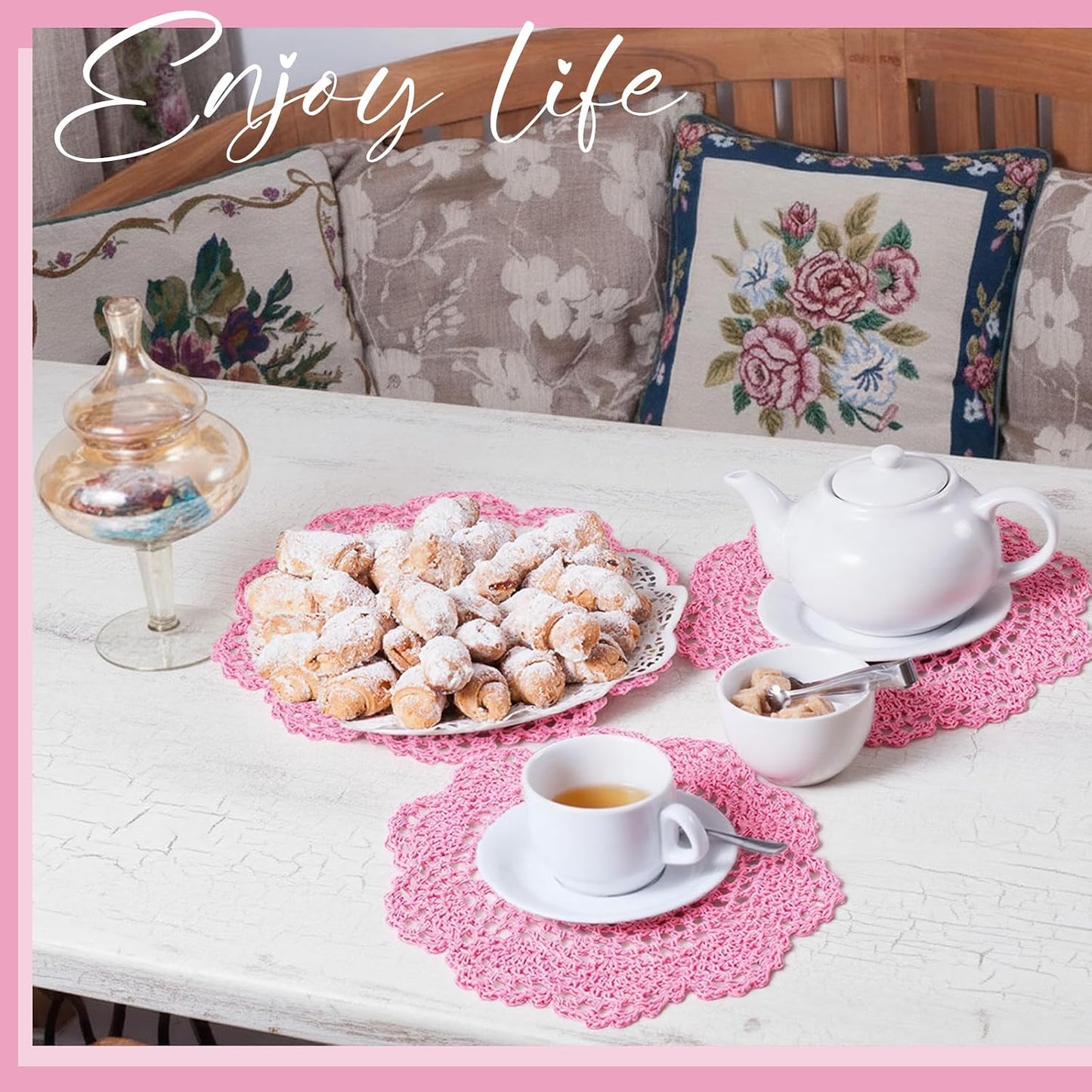10 Pcs 8 Inch Cute Crochet Doilies Crochet Flower Coasters Handmade Cotton Coaster Round Lace Placemats with Floral Patterns Doily Cloth Set Spring Wedding Easter Party Decoration(Pink)