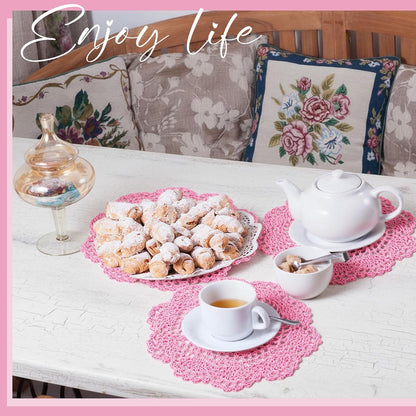 10 Pcs 8 Inch Cute Crochet Doilies Crochet Flower Coasters Handmade Cotton Coaster Round Lace Placemats with Floral Patterns Doily Cloth Set Spring Wedding Easter Party Decoration(Pink)