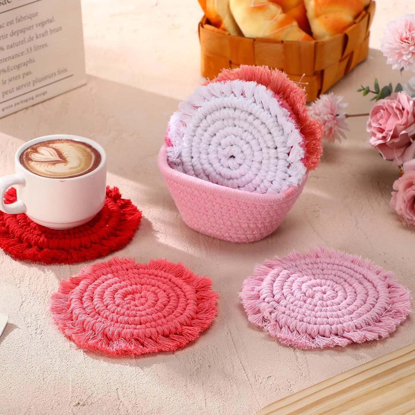 Coasters Set of 6 for Drinks Boho Absorbent Woven Cotton Coaster with Holder Farmhouse Tassel Macrame Cup Mat Housewarming Gift for Coffee Table Home Kitchen Office Decoration, 4 in(Pink)