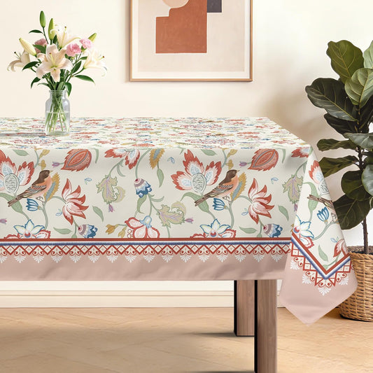 Floral Rectangle Table Cloth Pink Birds Elegant Vintage Washable Polyester Oil-Proof Tablecloth Stain Wrinkle Resistant Table Cover for Party Kitchen Decor Outdoor Picnic, 60x84 inch