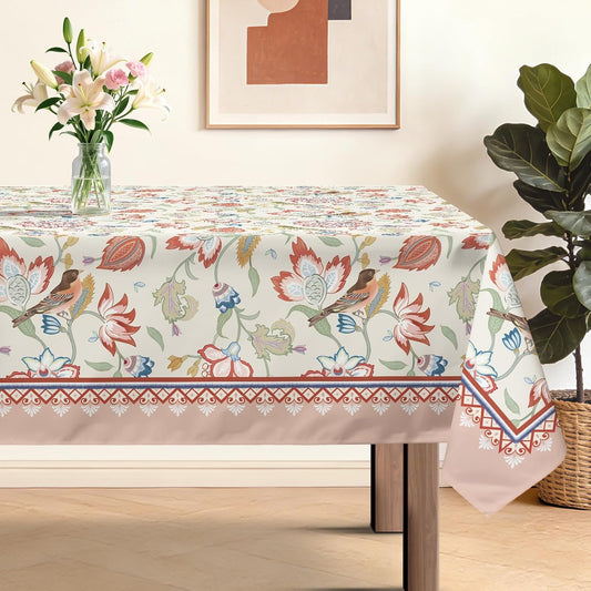 Floral Rectangle Table Cloth Pink Birds Elegant Vintage Washable Polyester Oil-Proof Tablecloth Stain Wrinkle Resistant Table Cover for Party Kitchen Decor Outdoor Picnic, 55x70 inch