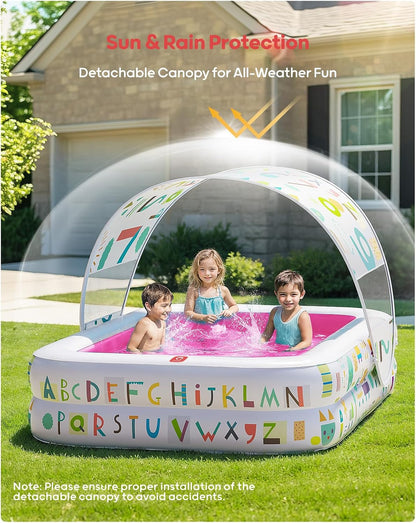 QPAU Kiddie Pool – 65" x 39" Inflatable Pool for Kids & Toddlers, Ball Pit & Baby Pool with Soft Cushioned Floor, Canopy for Sun Protection, Durable Outdoor Play Toys for Backyard & Indoor (Pink)