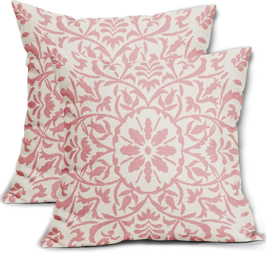 Light Pink Ethnic Boho Pillow Covers 16 X 16 Inch Bohemian Carpet Style Vintage Flower Print Decorative Throw Pillows Outdoor Linen Square Cushion Case Farmhouse Decor for Home Sofa Bed Set of 2