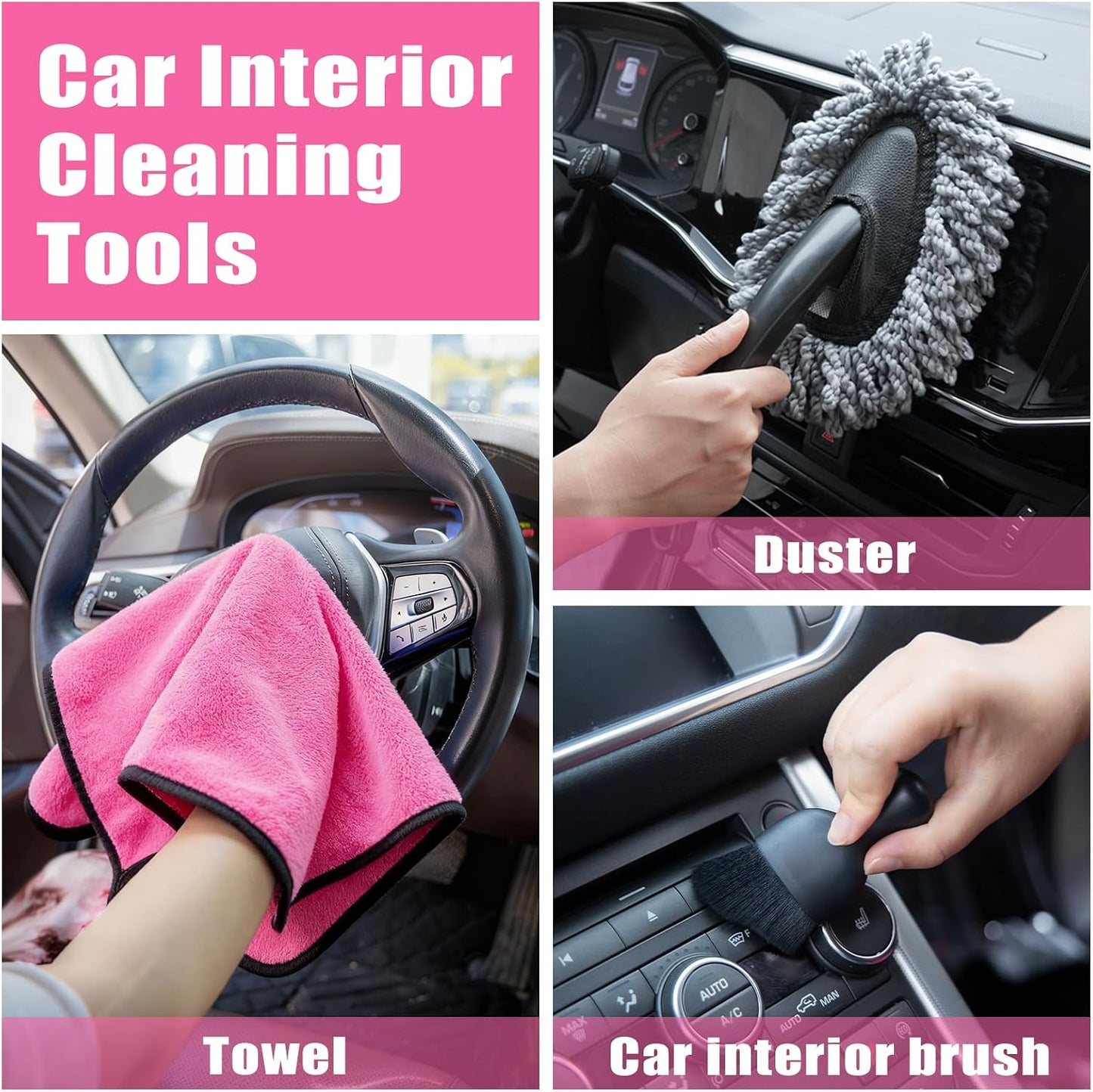 Windshield Cleaner Tool, 17Pcs Car Interior Detailing Kit, Detailing Brush, Towels, Duster, Car Cleaning Kit Interior for RVs, Truck, Trailer (Pink)