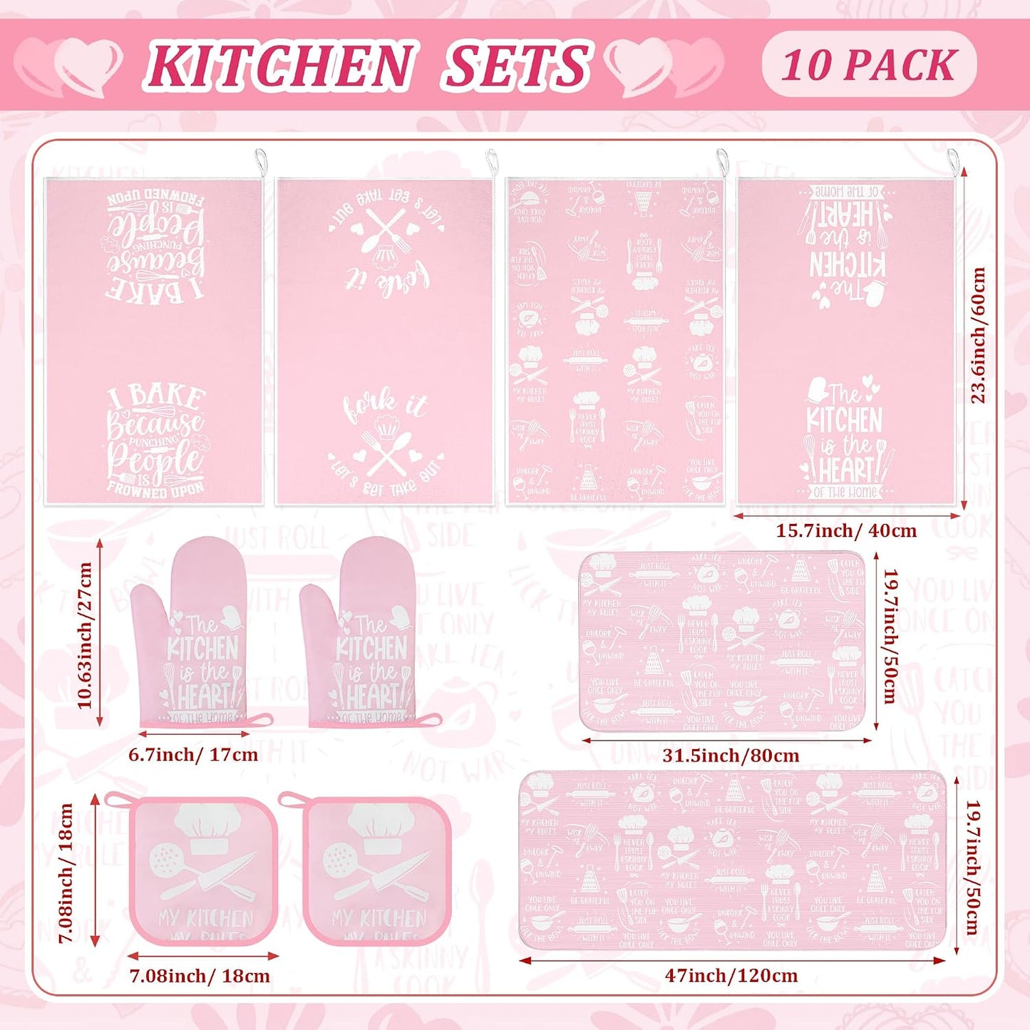 10 Pcs Pink Kitchen Dish Towels Pot Holders Oven Mitts Glove Rustic Rugs Mat Set Cute Farmhouse Kitchen Decor Accessories for Cooking Baking Home Decor Spring Housewarming Mom Gift BBQ