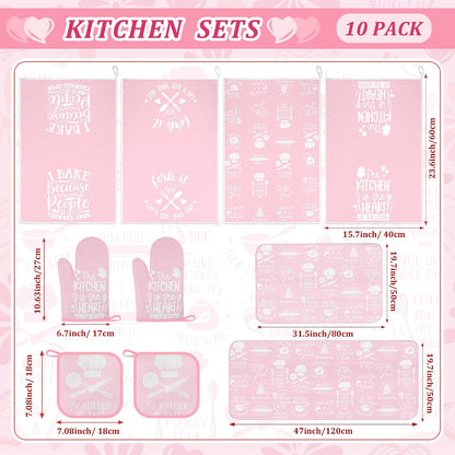 10 Pcs Pink Kitchen Dish Towels Pot Holders Oven Mitts Glove Rustic Rugs Mat Set Cute Farmhouse Kitchen Decor Accessories for Cooking Baking Home Decor Spring Housewarming Mom Gift BBQ