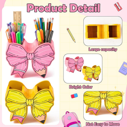WATINC Bow Pencil Holder for Desk - 2pcs Cute Bowknot Pen Dispenser Wooden Desk Organizer for Back to School Office Home Decor Supplies, Funny Gift Makeup Brush Stand for Women (Yellow Pink)