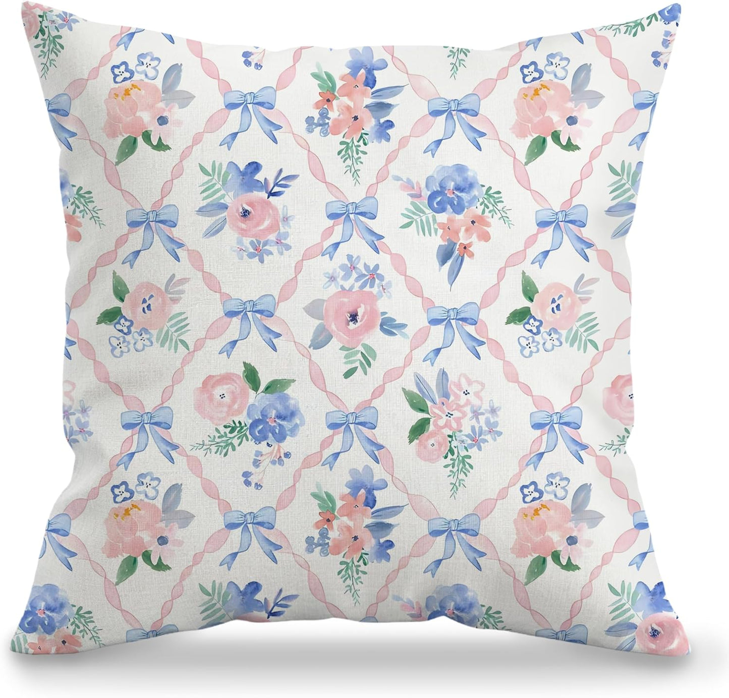 Coquette Blue Bow Floral Pillow Cover 18x18, Preppy Room Decor, Grandmillennial Pink Ribbon Trellis Flower Decorative Throw Pillow Cover Case for Girls Bedroom Dorm Home