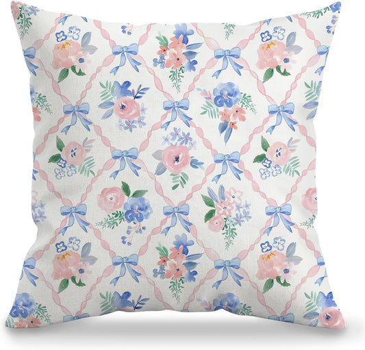 Coquette Blue Bow Floral Pillow Cover 18x18, Preppy Room Decor, Grandmillennial Pink Ribbon Trellis Flower Decorative Throw Pillow Cover Case for Girls Bedroom Dorm Home