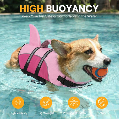 Queenmore Shark Dog Life Vest, XXL Dog Life Jacket for Swimming Boating for Large Dogs in Pool Lake Rescue Handle, Leash Hook, Reflective Strip, High Buoyancy