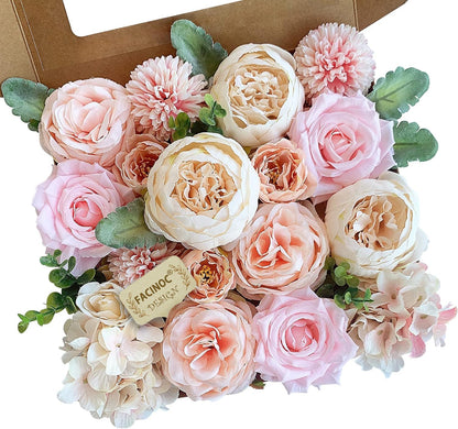 FACINOC Peonies Artificial Flowers Pink Silk Roses Bulk for DIY Wedding Bouquet Bridal Shower Decorations Fake Floral Arrangements Party Table Centerpieces Home Decor Indoor Blush Peach Box 20pcs