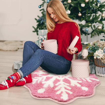 Christmas Bath Rugs for Bathroom - Pink Snowflake Shape Bathroom Rug,Soft and Absorbent Bath Mats,Non-Slip Rug for Shower Bath and Bedroom,Christmas Decoration Gifts(26in x 26in)
