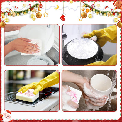 Chengu 12 Pcs Christmas Kitchen Sponges Pink Santa Reindeer Snowman Xmas Tree Water Absorbing Dish Washing Sponge Non Scratch Household Cleaning Scrub Sponges for Holiday Home Kitchen Bathroom