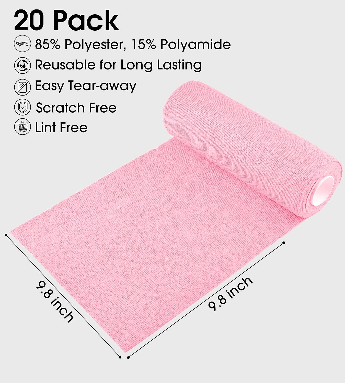 KitchLife Microfiber Cleaning Cloth Roll - Tear-Away Reusable Microfiber Paper Towels, Lint-Free, Washable, 20 Sheets for Kitchen, Car, Dishes, and Sensitive Surfaces (Pink)