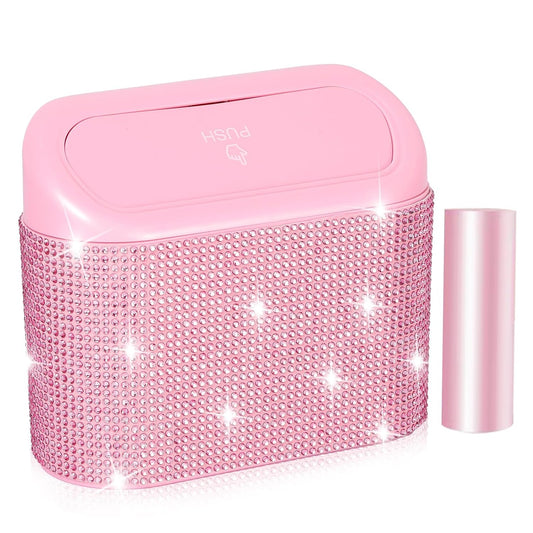 NBTEPEM Bling Pink Car Trash Can with Lid, Mini Auto Garbage Can with 30 Trash Bags, Automotive Garbage Container Bin, Bling Car Accessories Trash Can for Women (Pink Diamond)