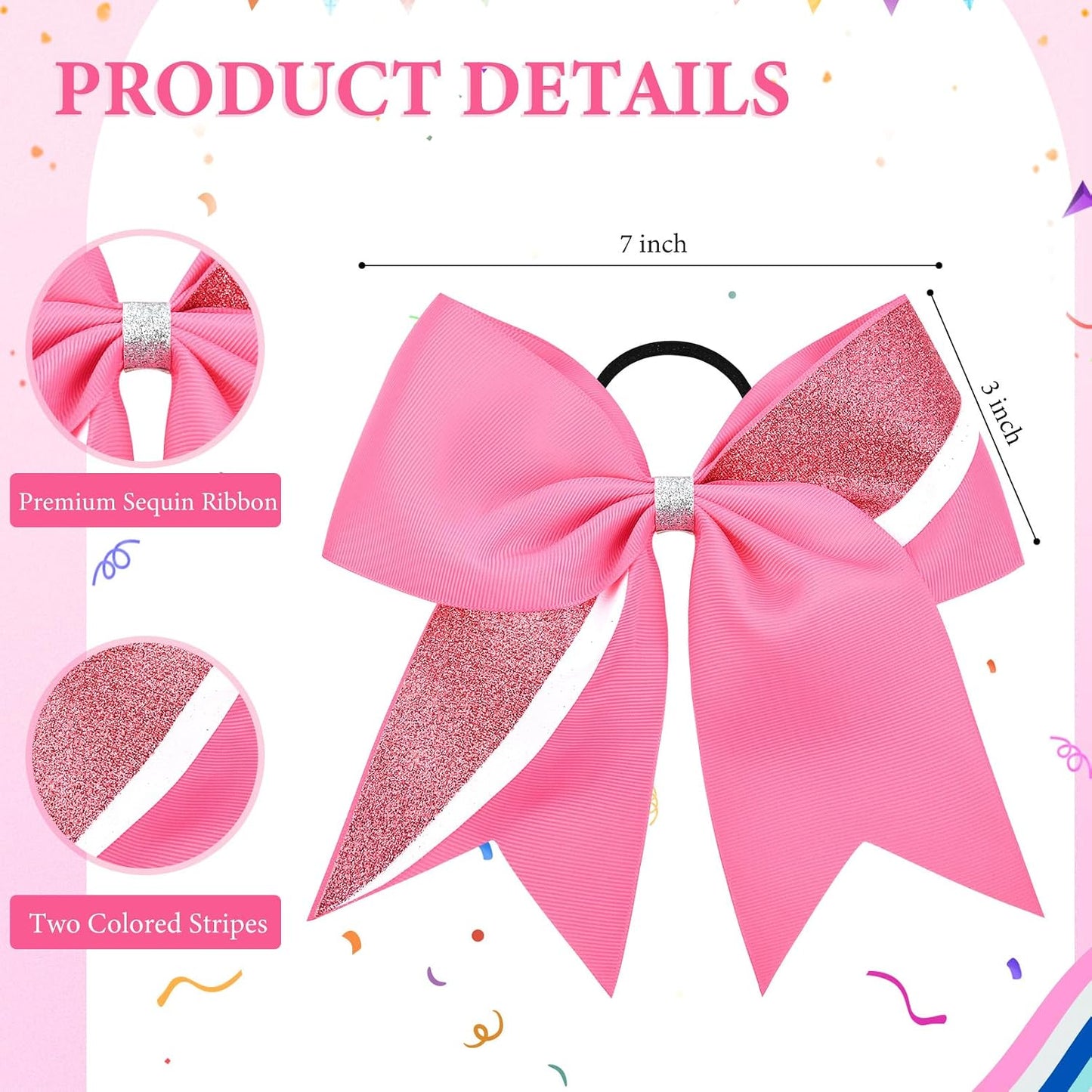 8PCS Cheer Bows Bulk Glitter Cheerleading Bows Girls Hair Bows Pink Cheer Bows Elastic Band Ponytail Holder for Cheerleaders Teen Girls College Sports Competition