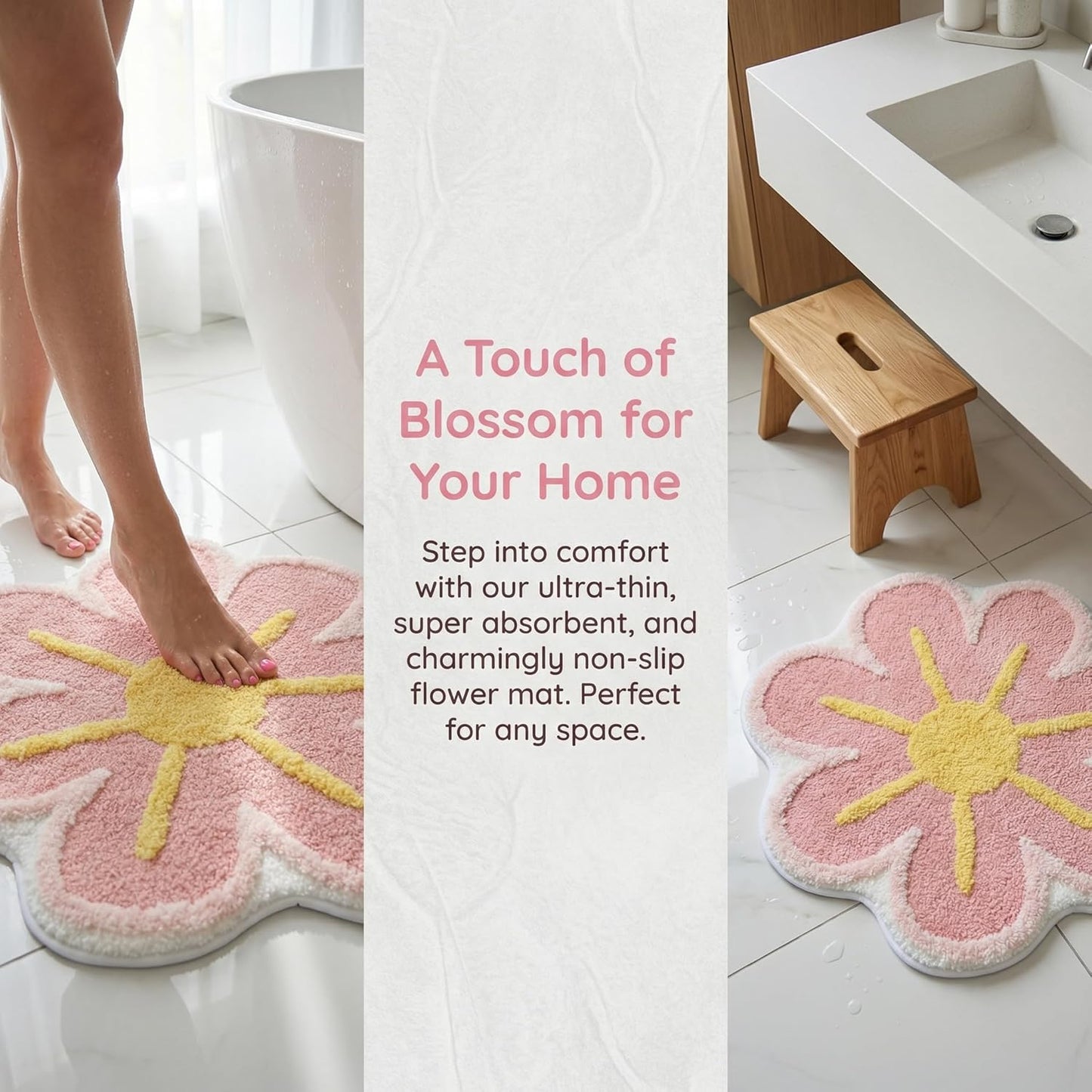 Cute Flower Shaped Bath Mat, Non-Slip TPR Backing Ultra Soft Microfiber Bathroom Rug, Machine Washable Absorbent Bath Rug for Tub Shower Sink Bedroom Dorm Restroom Toilet(24x24 Inch)