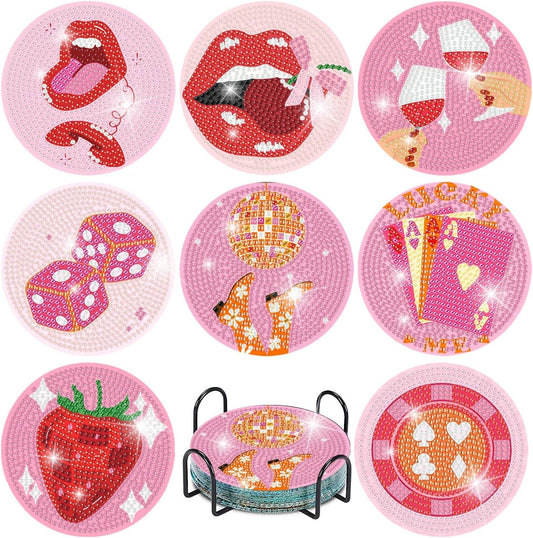 Canrichshop Pink Vintage Diamond Paintings Coasters Kits Set,8 Pieces Retro Funny Drinks Diamond Art Painting Coasters Kit with Holder,5D DIY Full Drill Diamonds Dot for Beginners Gift