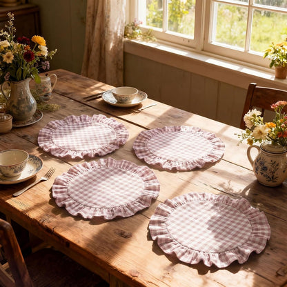 4 Pcs 15 Inch 100% Cotton Scalloped Round Placemats, Thin Light Pink Gingham Place Mats with Ruffle, Washable Placemats Table Mats for Kitchen Dining Holiday Gatherings Decor