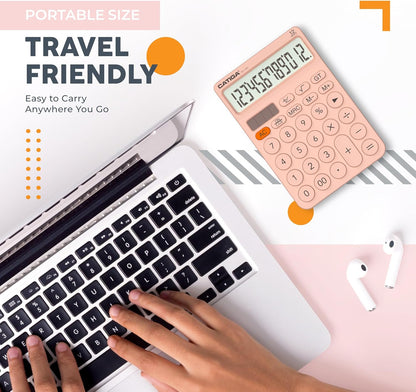 CATIGA 12 Digit Desktop Calculator Basic Desk Calculator with Large LCD Display, Big Buttons, 4 Function, Solar and Battery Dual Power, for Office, School, Home, SD-1292 Pink