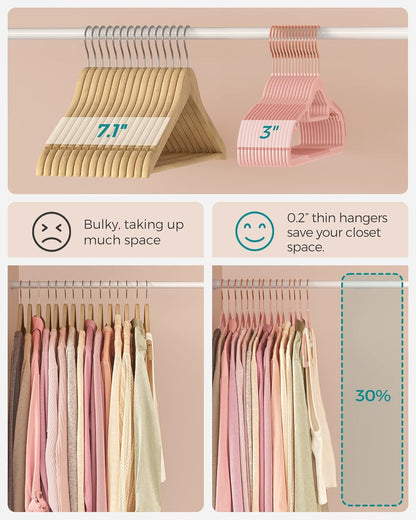 SONGMICS Pack of 50 Coat Hangers, Space-Saving Plastic Clothes Hangers, Non-Slip, 0.2 Inches Slim, 16.5 Inches Wide, 360° Swivel Rose Gold Hook, Light Pink UCRP20PK05
