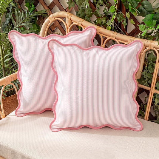 HunnmingRe 2 Pcs Scalloped Edge Striped Pillowcases Stripe Throw Pillow Cover Only Wear Resistant Pillow Shams for Couch Bed Sofa Bedroom Living Room Outdoor Party(Pink,18'' X 18'')