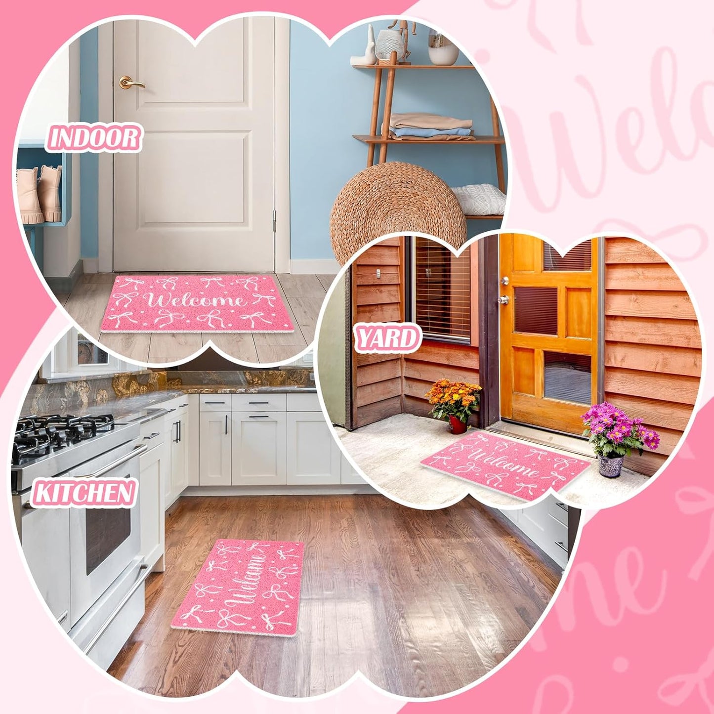 Mindsoft Pink Welcome Mat Bow Front Door Mat for Girls Home Decor Princess Coquette Rug 18 x 30 Inch Sweet Home Indoor Holiday Decoration