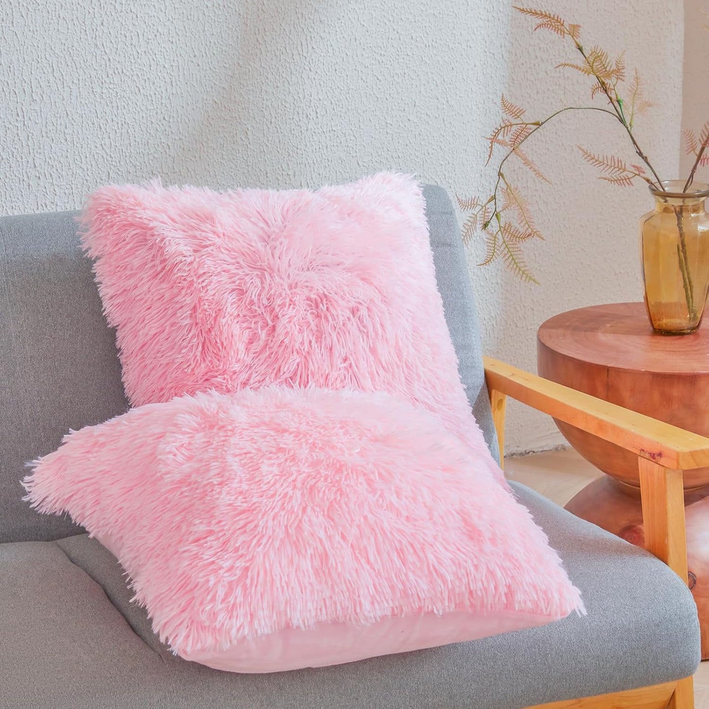 Pink Fluffy Faux Fur Throw Pillow Covers 18"x18", Shaggy Plush Fuzzy Furry Decorative Pillowcase Set for Sofa, Bedroom, or Living Room