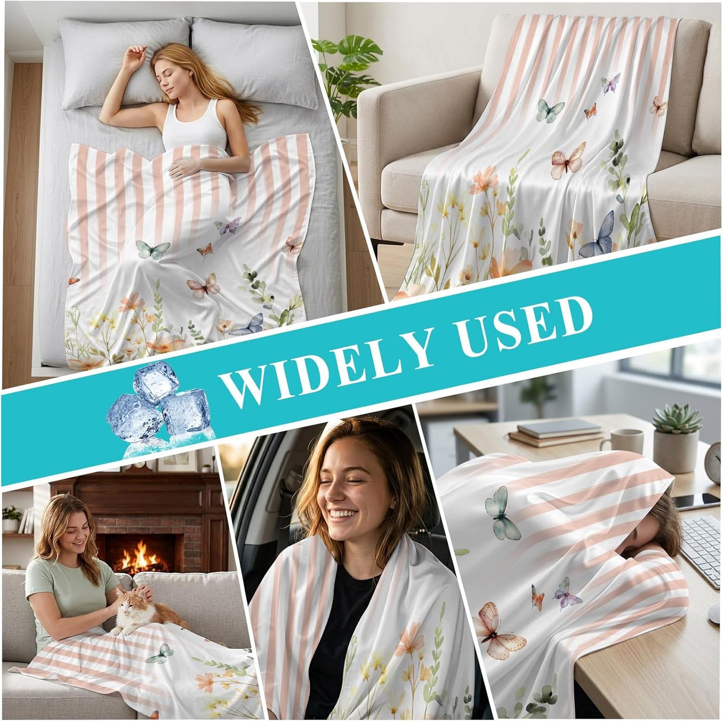 Cooling Blanket for Hot Sleepers Watercolor Butterfly Lightweight Breathable Double Sided Summer Blanket Floral Leaves Pink Strips Cooling Throw Blanket for Couch Bed Night Sweats 30"x40"