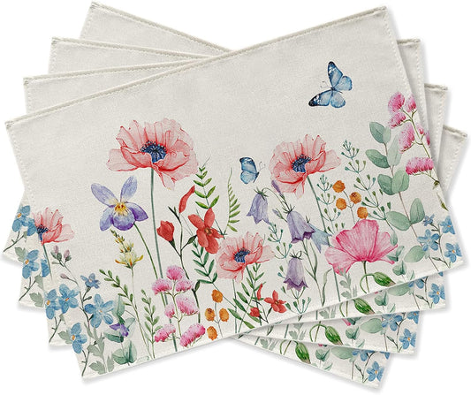 Seliem Spring Anemone Flower Placemats Set of 4, Watercolor Pink Floral Butterfly Dining Table Place Mats Home Kitchen Decor, Summer Seasonal Washable Cotton Linen Rustic Farmhouse Decorations 12 x 18